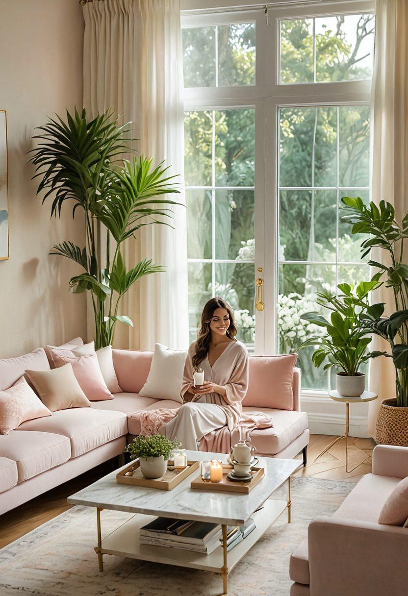 A serene, luxurious living room adorned with elegant decor, soft pastel tones, and large windows letting in warm sunlight. A blissful woman with a joyful smile is seen nurturing a cozy atmosphere with plants and candles around her. Flowing fabrics and a delicate coffee table with a tea set enhance the sense of tranquility. The scene radiates cheerful vibes symbolizing an elegant lifestyle. bright colors. super-realistic. soft focus.