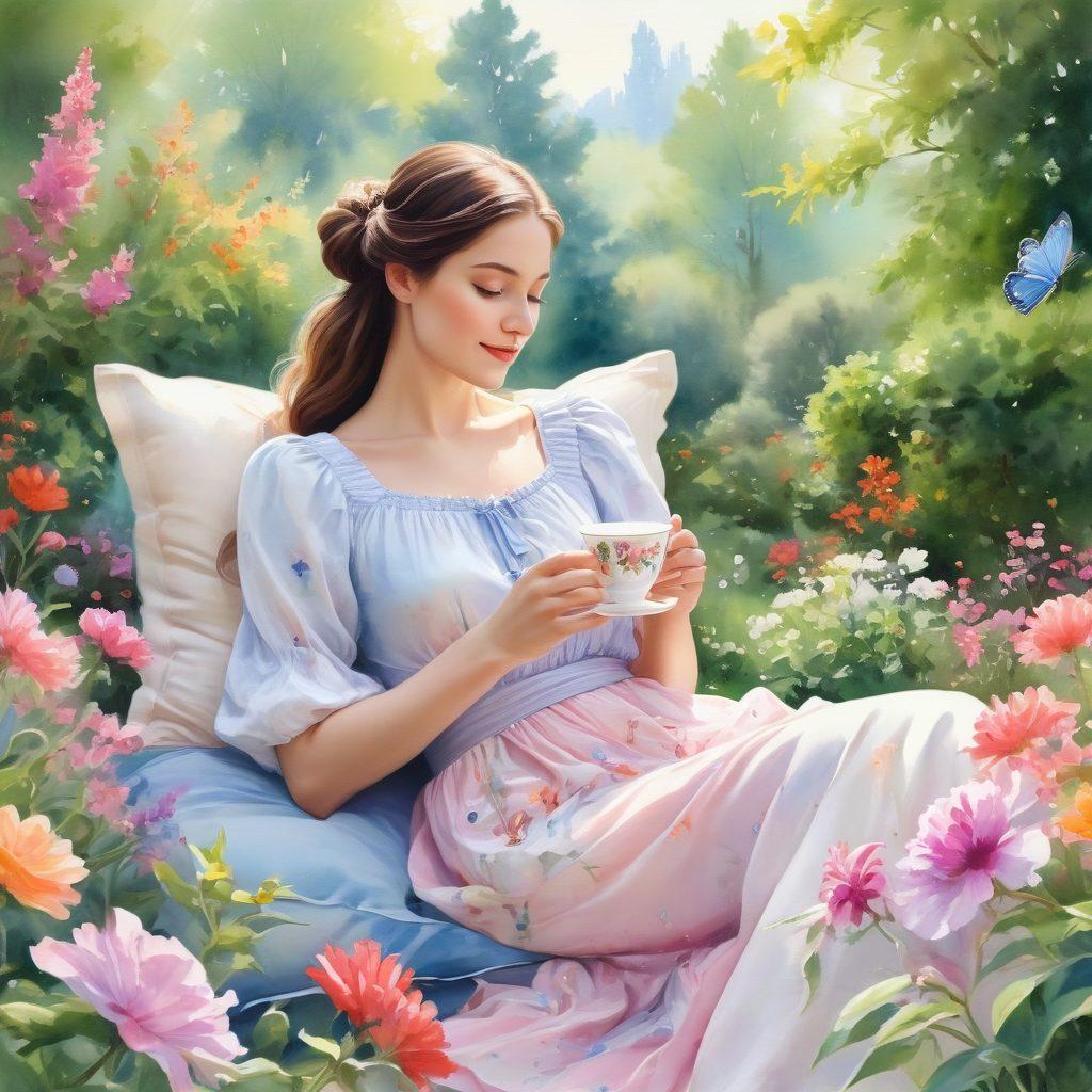 A serene scene featuring a gracefully dressed woman, Sylvia, gracefully enjoying a sunny day in a blooming garden, surrounded by vibrant flowers and soft sunlight. She holds a cup of herbal tea, exuding elegance and bliss. In the background, there's a whimsical, colorful butterfly fluttering around. The overall atmosphere radiates happiness and tranquility. watercolor painting. bright pastel colors. airy and soothing ambiance.