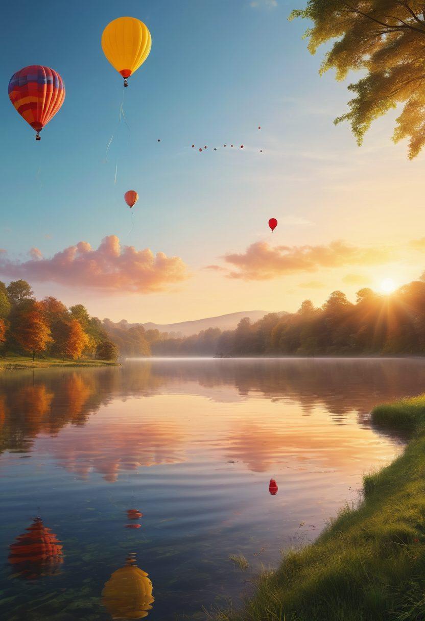 A serene landscape featuring a sunrise over a calm lake, with silhouettes of people practicing mindfulness and meditation along the shore. In the distance, colorful balloons ascend into the sky, symbolizing joy and transformation. Add lush greenery and soft, flowing waves to evoke a sense of peace and happiness. super-realistic. vibrant colors. serene atmosphere.